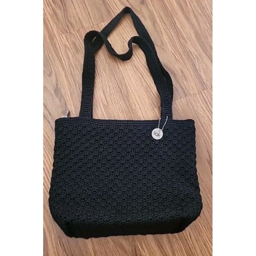 The Sak Medium Black Woven Crochet Shoulder Bag Tote Zip Top Purse Double Handle